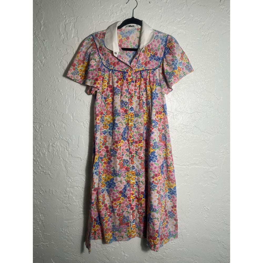 Vintage Models Coat Floral House Dress White Collar Button Front Duster Pink L